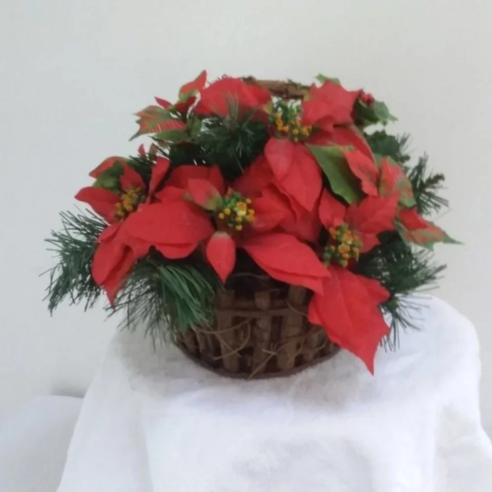 Christmas Grapevine BASKET Poinsettia Holly Berry Evergreen Holiday Décor